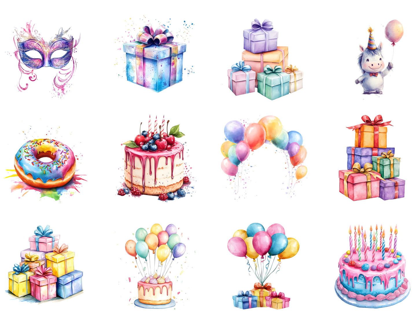 Watercolor Birthday Party Clipart Bundle (PNG Digital Download)