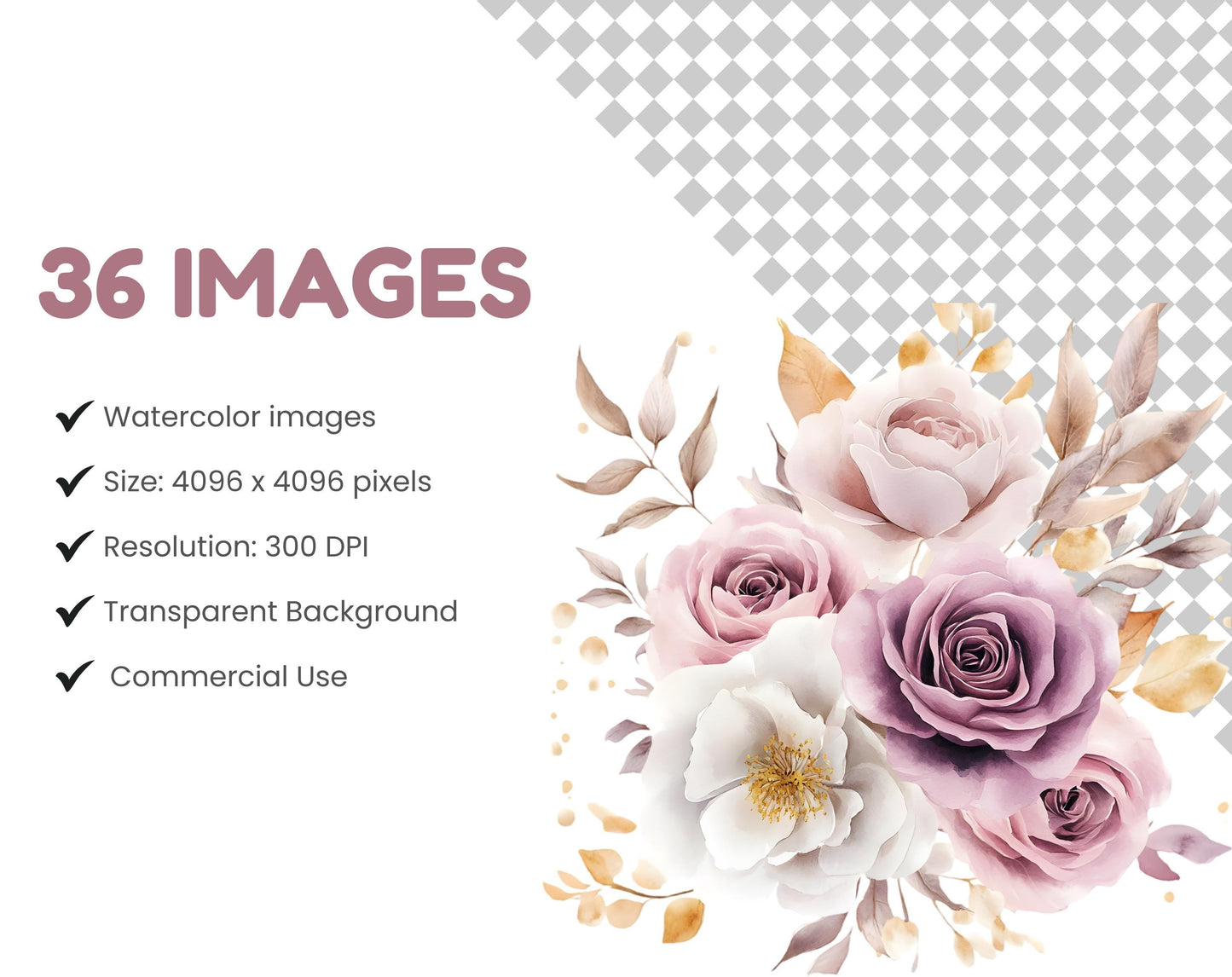 Watercolor Flowers Clipart Bundle, Floral Elements (PNG, 300 DPI)