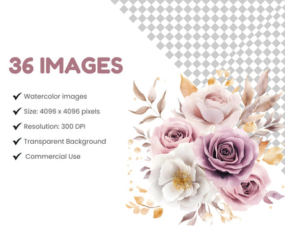 Watercolor Flowers Clipart Bundle, Floral Elements (PNG, 300 DPI)