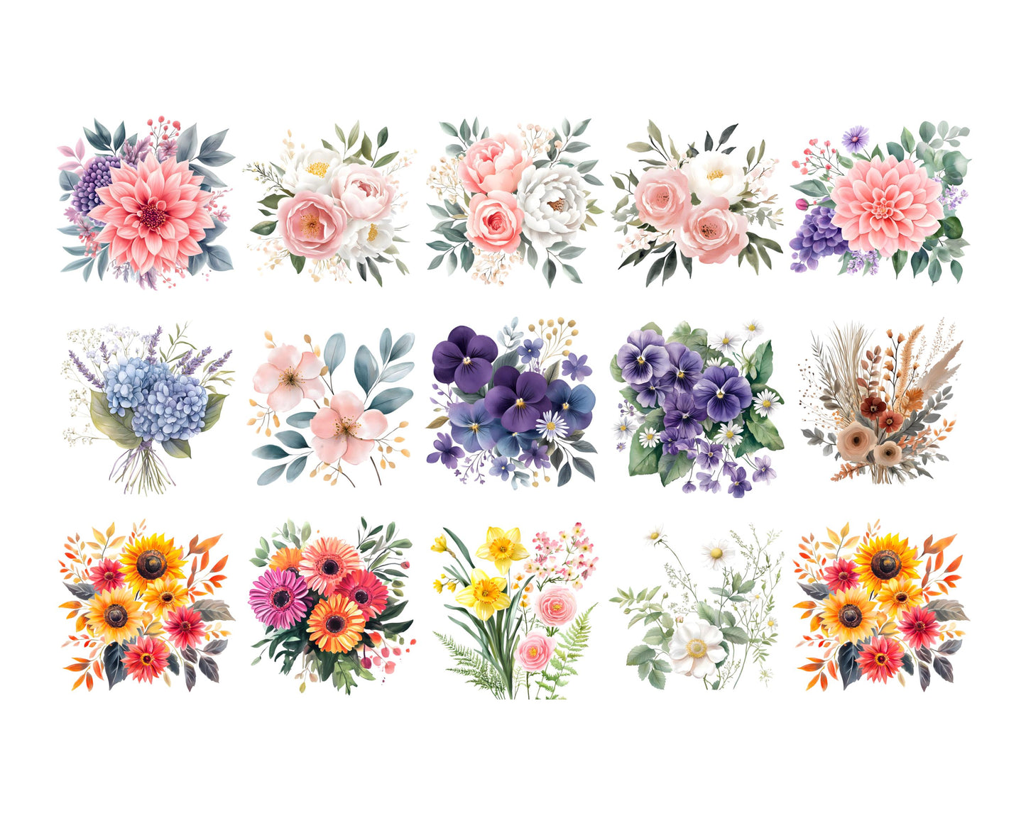 Watercolor Flowers Clipart Bundle, Floral Elements (PNG, 300 DPI)