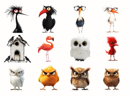 Watercolor Quirky Birds Clipart png Bundle, Funny Bird Clipart, Crazy Bird Clipart png, Whimsical Bird Clipart, Whimsy Bird png