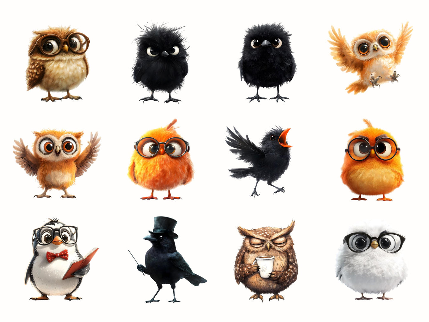 Watercolor Quirky Birds Clipart png Bundle, Funny Bird Clipart, Crazy Bird Clipart png, Whimsical Bird Clipart, Whimsy Bird png