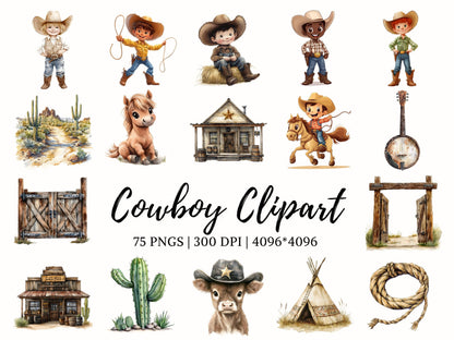 Cute Cowboy Clipart Bundle png, Watercolor Cowboy png, Baby Cowboy Clipart, Cute Western Clipart, Wild West Clipart, Baby Western Clipart