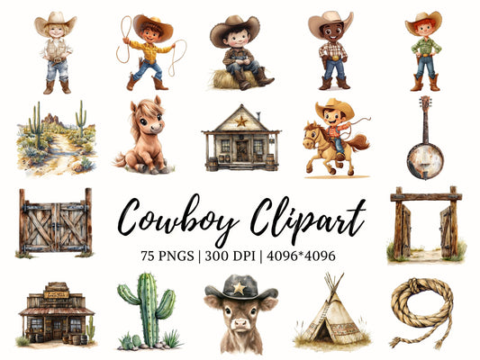 Cute Cowboy Clipart Bundle png, Watercolor Cowboy png, Baby Cowboy Clipart, Cute Western Clipart, Wild West Clipart, Baby Western Clipart