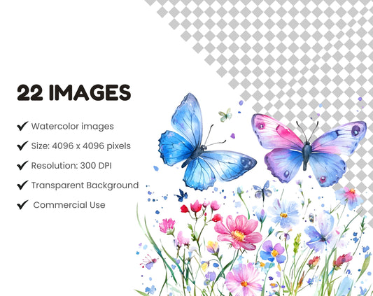 Watercolor Wildflower Clipart Bundle, Butterfly Floral PNG (Digital Download)