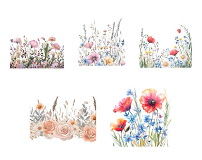 Aquarell-Wildblumen-Clipart-Bundle, Schmetterlingsblumen-PNG (Digitaler Download)