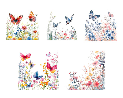 Aquarell-Wildblumen-Clipart-Bundle, Schmetterlingsblumen-PNG (Digitaler Download)