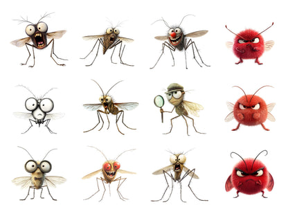 Lustige Mücken-Cliparts (PNG-Bundle), Niedliche Mücken-Cliparts (PNG), Skurrile Mücken-Cliparts (Aquarell), Skurrile Insekten-Cliparts (PNG-Bundle)