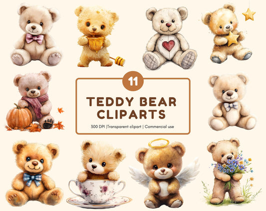 Watercolor Teddy Bear Clipart Bundle, Nursery Art (PNG, Digital Download)