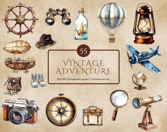 Watercolor Vintage Travel Clipart Bundle, Adventure Equipment Clipart png, Travel Clipart Set png, Adventure Clipart Bundle