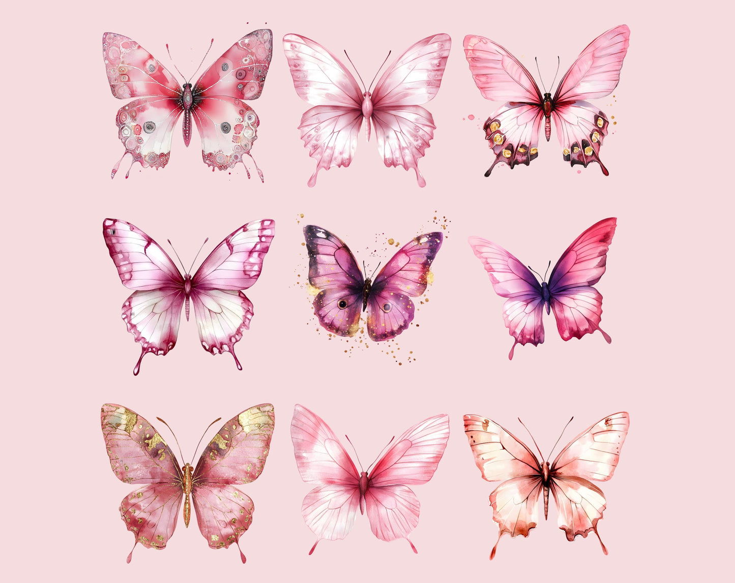 Clipart-Bundle mit rosafarbenen Schmetterlingen und Gartenblumen (Digitaler Download)