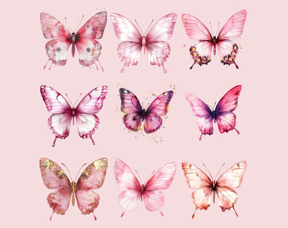 Clipart-Bundle mit rosafarbenen Schmetterlingen und Gartenblumen (Digitaler Download)