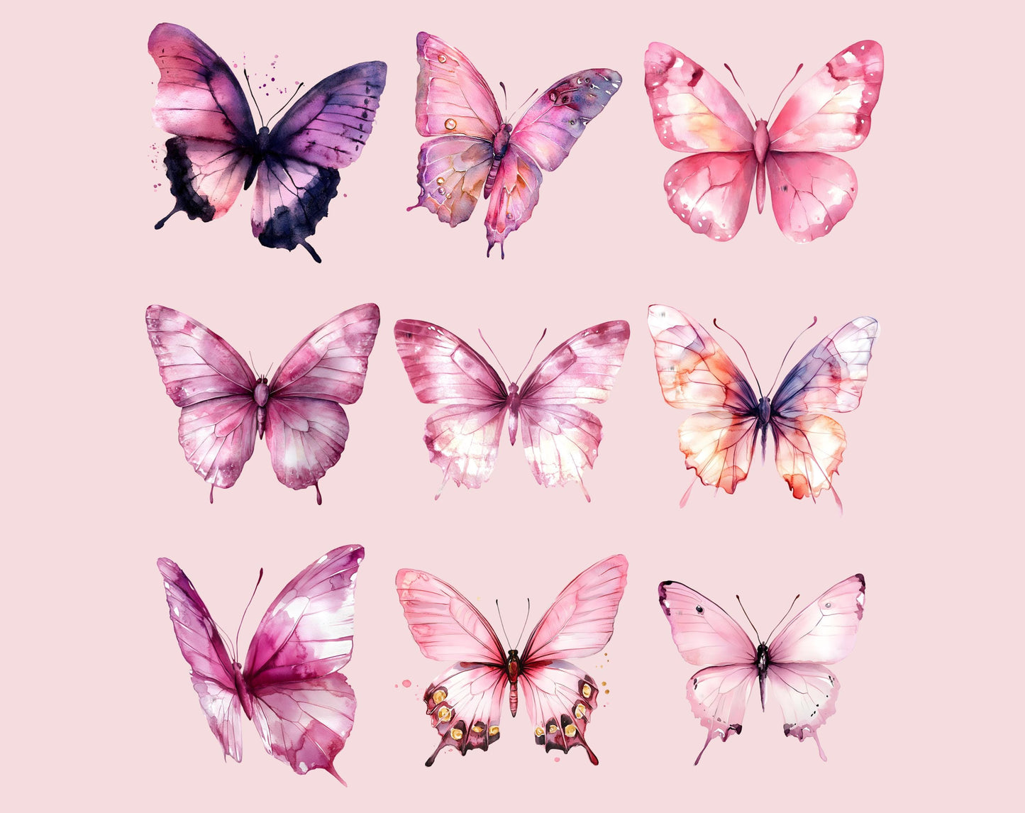 Clipart-Bundle mit rosafarbenen Schmetterlingen und Gartenblumen (Digitaler Download)