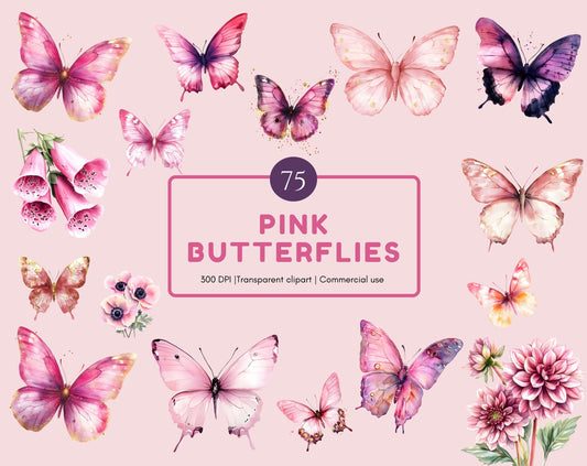 Pink Watercolor Butterfly Clipart Bundle, Garden Flowers (Digital Download)