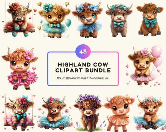 Watercolor Highland Cow Clipart png Bundle, Cute Highland Cow Clipart, Funny Cow png, Baby Highland Cow png, Cow Clipart, Instant Download