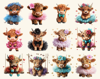 Aquarell-Highland-Rinder-Clipart-Bundle (PNG), Niedliche Highland-Rinder-Clipart, Lustige Kuh-PNG, Baby-Highland-Rinder-PNG, Kuh-Clipart, Sofort-Download