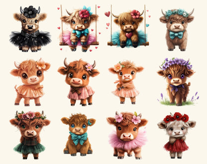 Aquarell-Highland-Rinder-Clipart-Bundle (PNG), Niedliche Highland-Rinder-Clipart, Lustige Kuh-PNG, Baby-Highland-Rinder-PNG, Kuh-Clipart, Sofort-Download