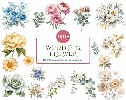 Watercolor Wedding Flower Clipart PNG Bundle (Digital Download)