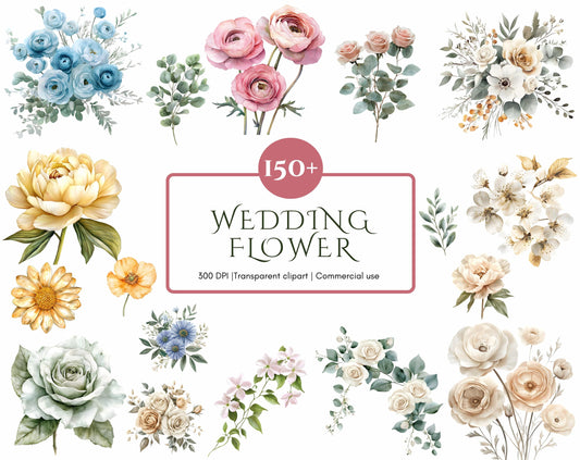 Watercolor Wedding Flower Clipart PNG Bundle (Digital Download)