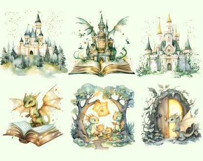 Watercolor Dragon Clipart Bundle, Fairy Tale Dragons (PNG)
