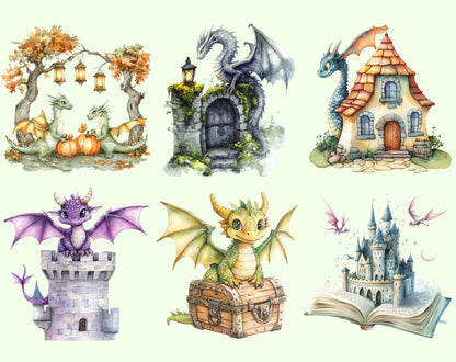 Watercolor Dragon Clipart Bundle, Fairy Tale Dragons (PNG)