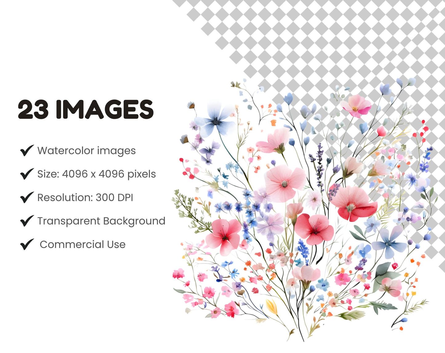 Watercolor Wildflower Clipart Bundle, Floral Butterfly PNG (Digital Download)