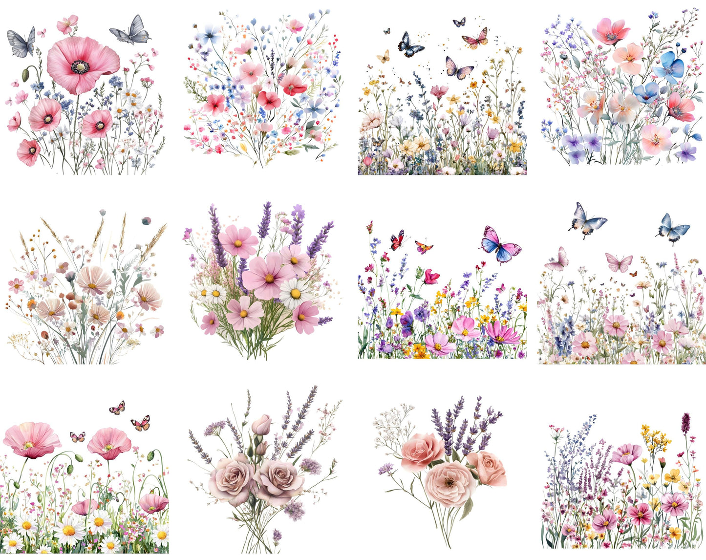 Watercolor Wildflower Clipart Bundle, Floral Butterfly PNG (Digital Download)