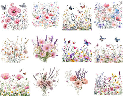 Watercolor Wildflower Clipart Bundle, Floral Butterfly PNG (Digital Download)