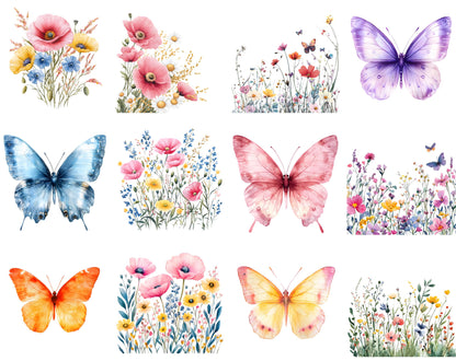 Watercolor Wildflower Clipart Bundle, Floral Butterfly PNG (Digital Download)