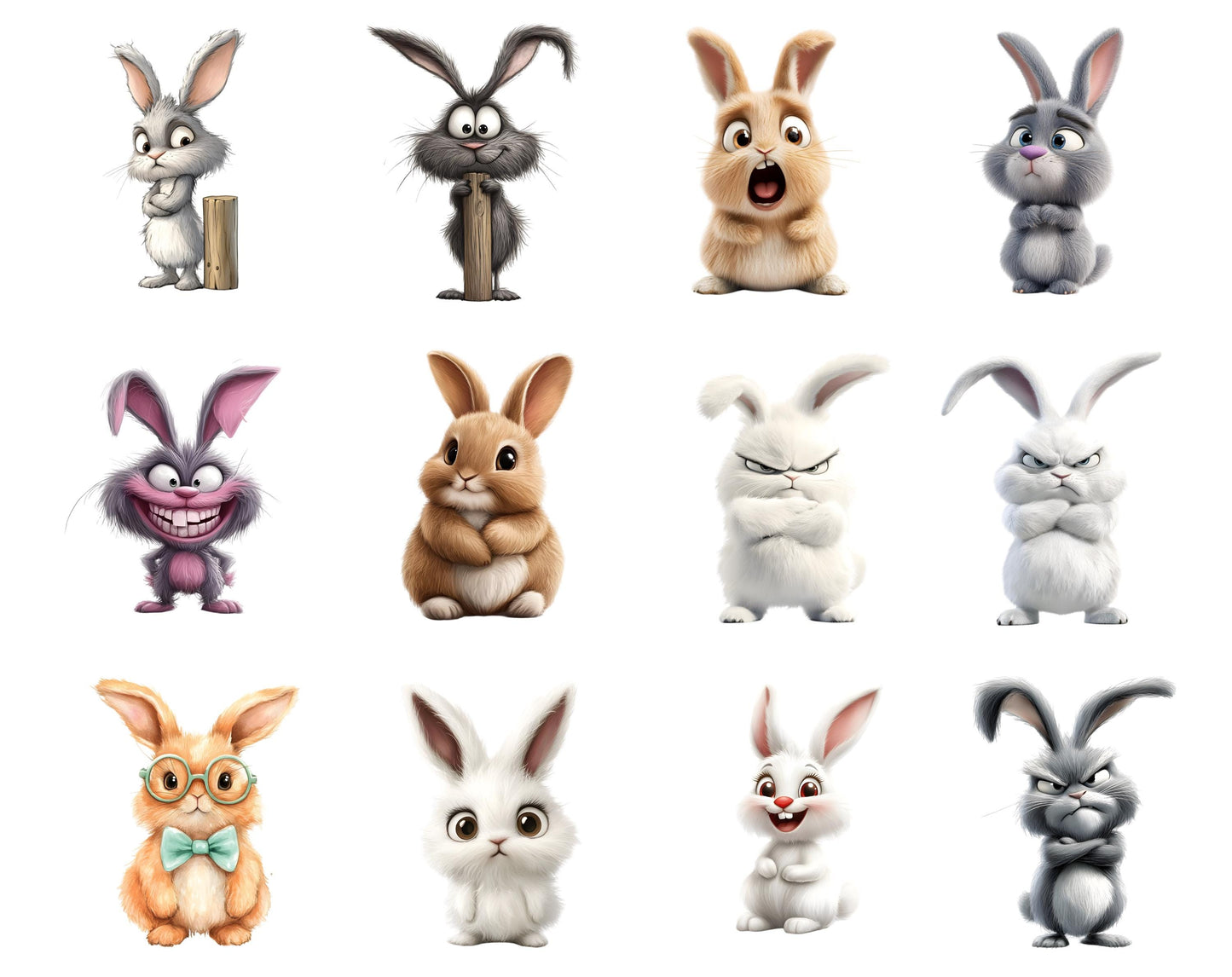 Quirky Rabbit Clipart Bundle, Whimsical Bunny PNG (Digital Download)