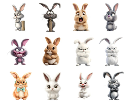 Quirky Rabbit Clipart Bundle, Whimsical Bunny PNG (Digital Download)