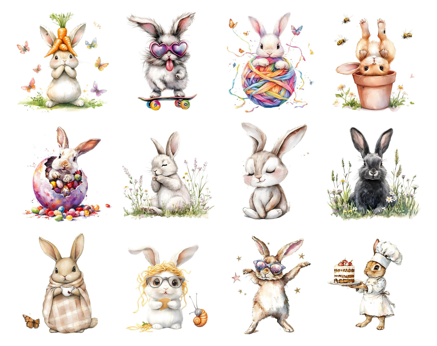 Funny Watercolor Rabbit Clipart Bundle, Quirky Bunny PNG (Digital Download)