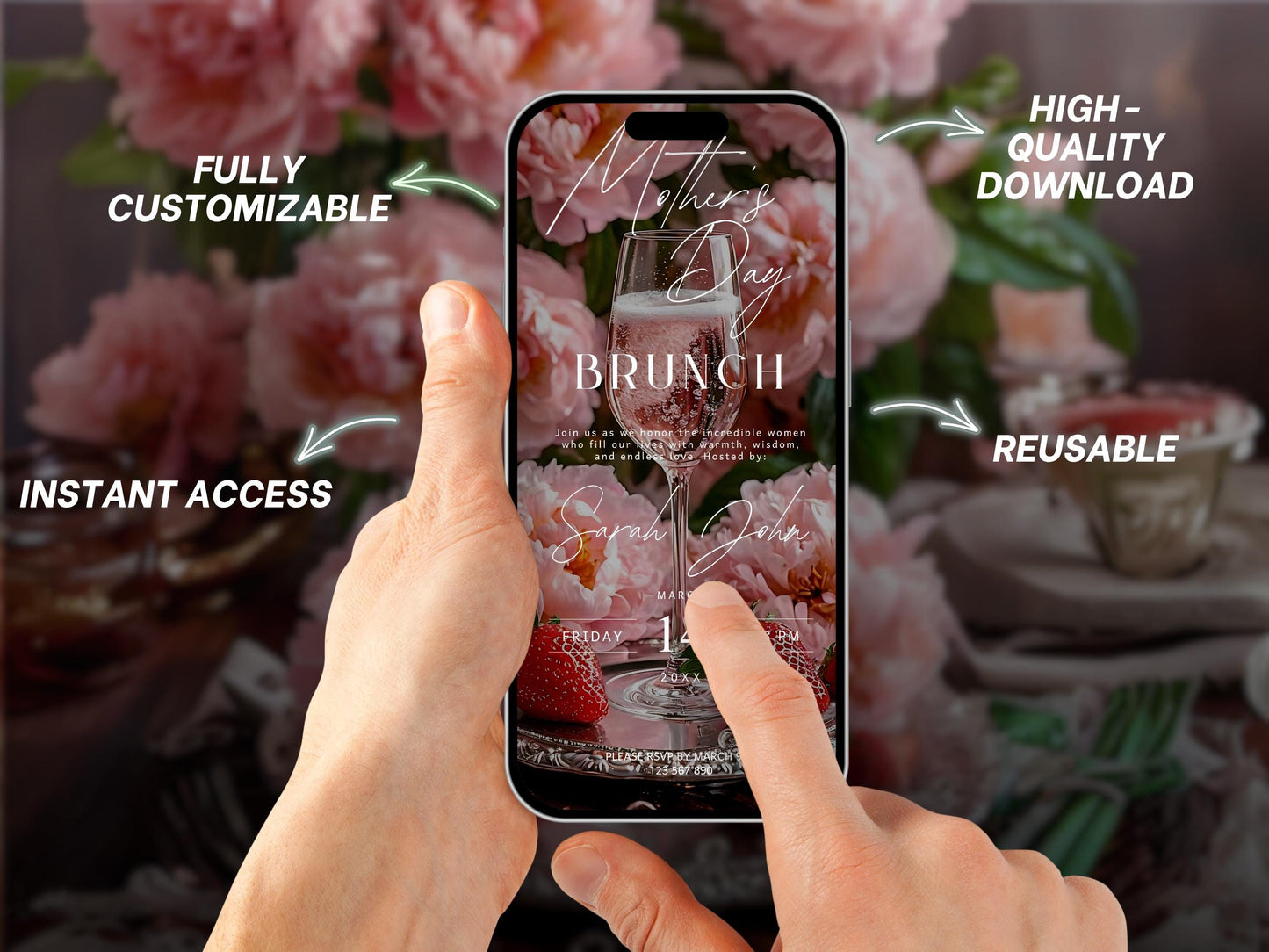 Floral Mother's Day Brunch Invitation Template: Editable Digital Itinerary (MP4, PNG, JPEG, PDF)