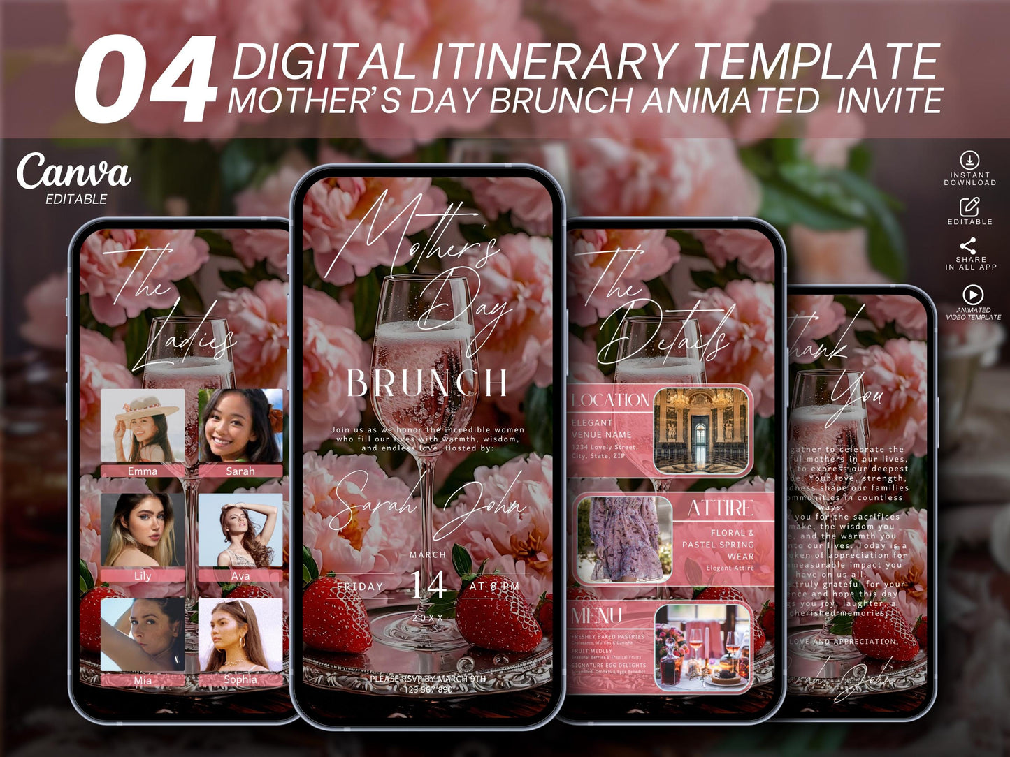 Floral Mother's Day Brunch Invitation Template: Editable Digital Itinerary (MP4, PNG, JPEG, PDF)