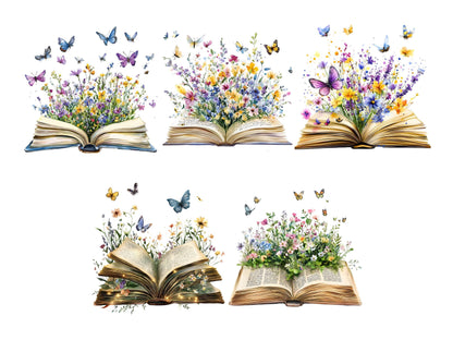 Aquarell-Wildblumen-Buch-Clipart-Bundle (PNG), Blumen-Buch-Clipart, Buchblumen-Clipart, Clipart für Buchliebhaber, Boho-Buch-Clipart