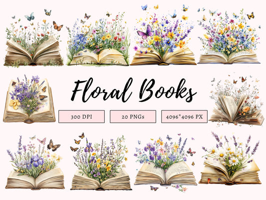 Watercolor Wildflower Book Clipart png Bundle, Floral Book Clipart, Book Flowers Clipart, Book Lover Clipart, Boho Book Clipart