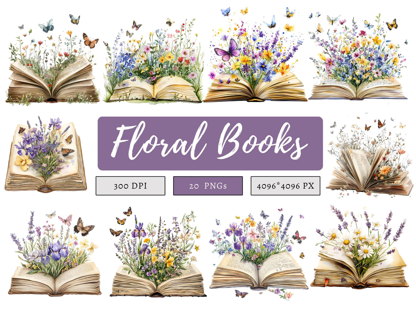 Aquarell-Wildblumen-Buch-Clipart-Bundle (PNG), Blumen-Buch-Clipart, Buchblumen-Clipart, Clipart für Buchliebhaber, Boho-Buch-Clipart