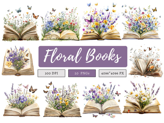 Watercolor Wildflower Book Clipart png Bundle, Floral Book Clipart, Book Flowers Clipart, Book Lover Clipart, Boho Book Clipart
