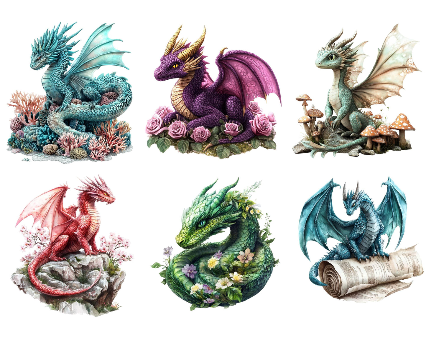 Watercolor Fantasy Dragon Clipart Set, Whimsical PNG Bundle (Digital Download)