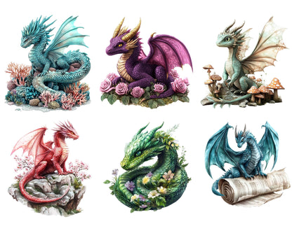 Watercolor Fantasy Dragon Clipart Set, Whimsical PNG Bundle (Digital Download)