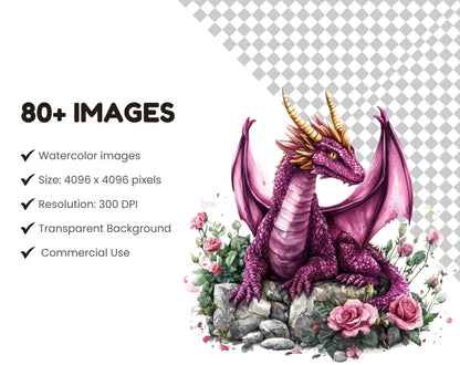 Watercolor Fantasy Dragon Clipart Set, Whimsical PNG Bundle (Digital Download)