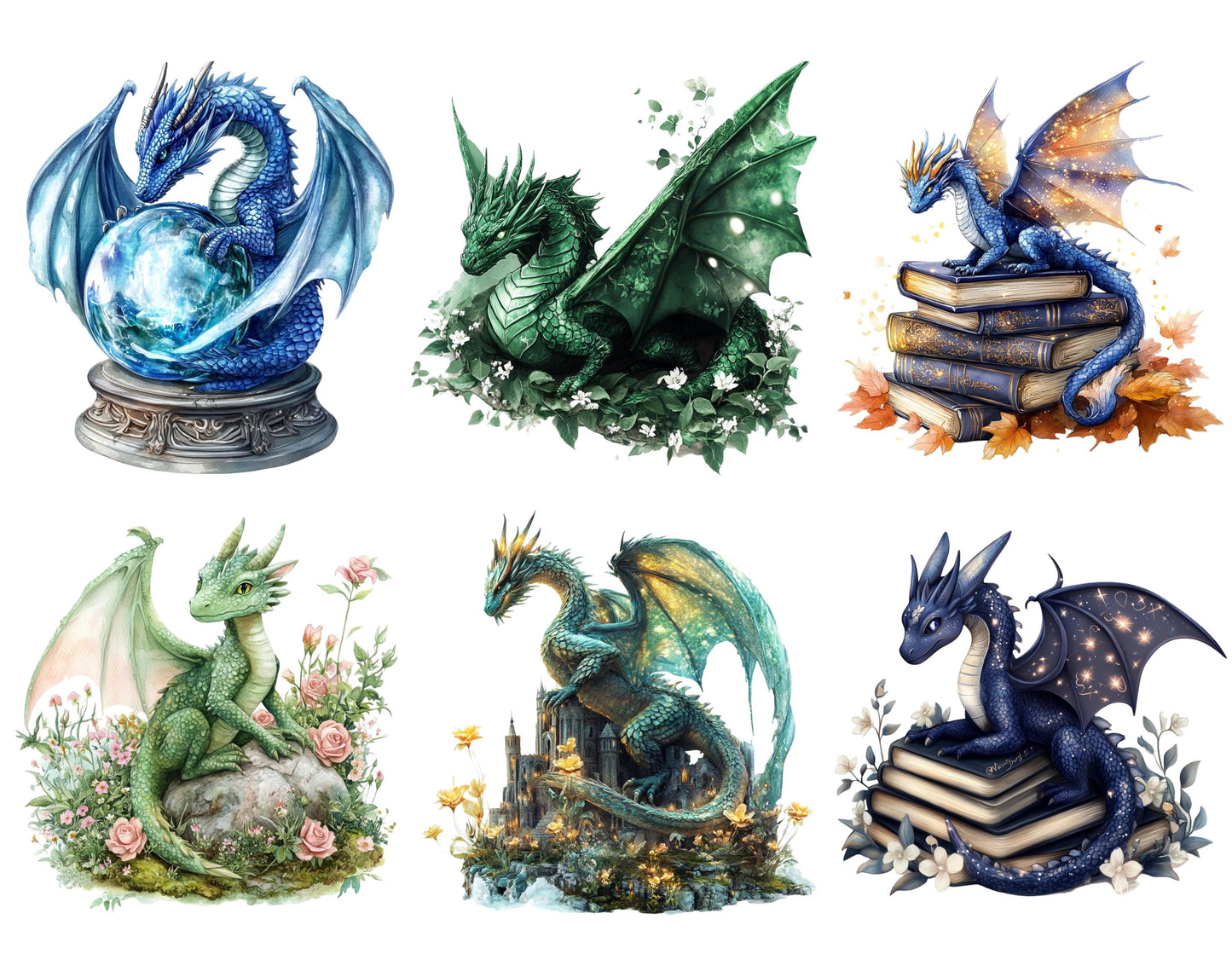 Watercolor Fantasy Dragon Clipart Set, Whimsical PNG Bundle (Digital Download)