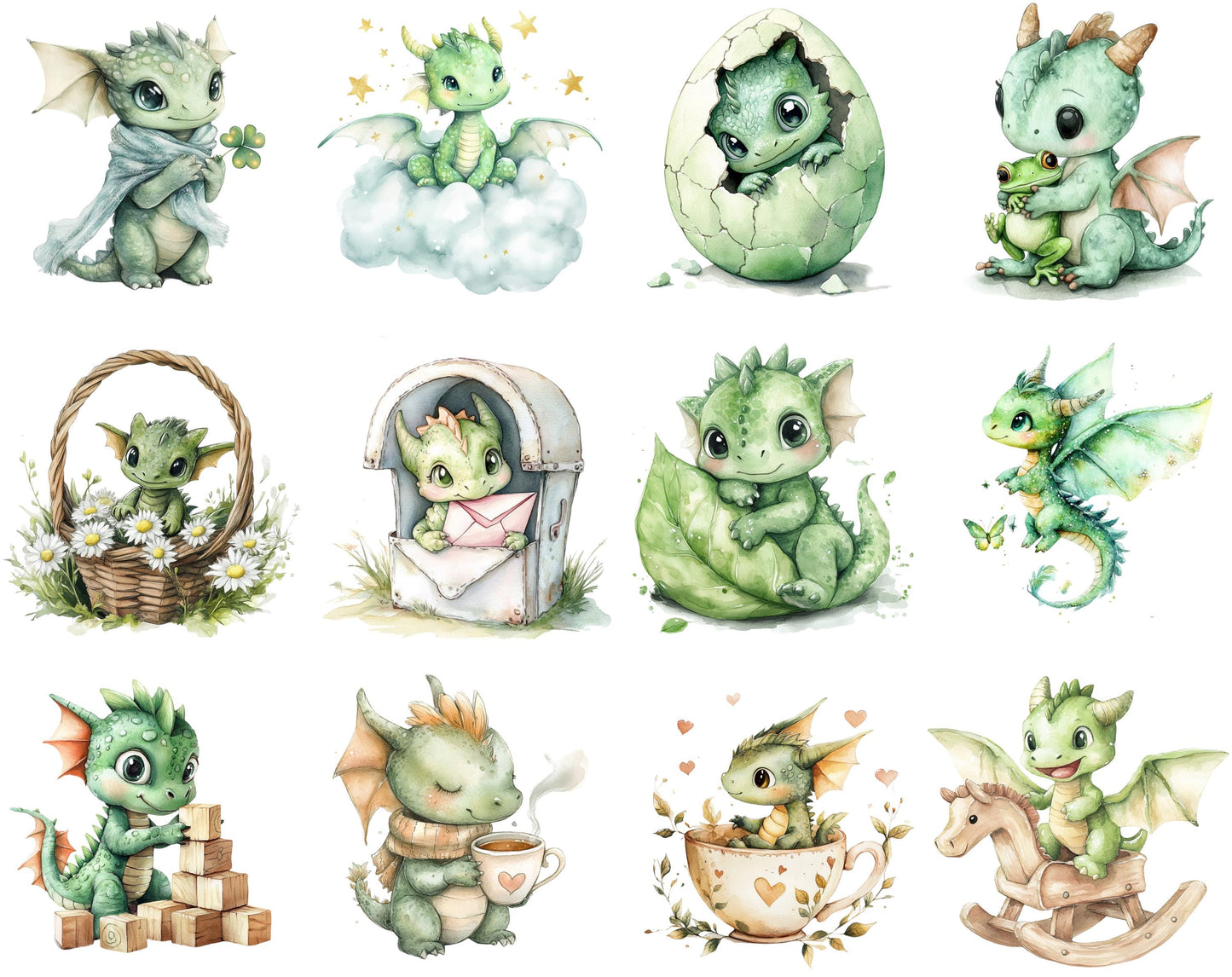 Watercolor Baby Dragon Clipart Bundle, Fairytale Graphics (Digital Download)