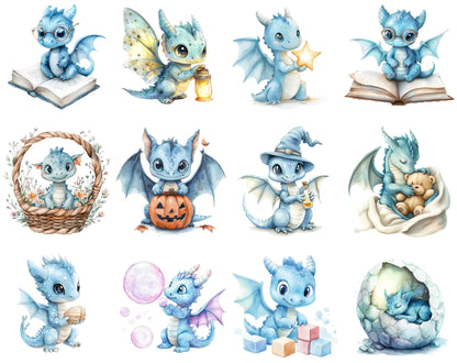 Watercolor Baby Dragon Clipart Bundle, Fairytale Graphics (Digital Download)