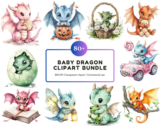 Watercolor Baby Dragon Clipart Bundle, Fairytale Graphics (Digital Download)