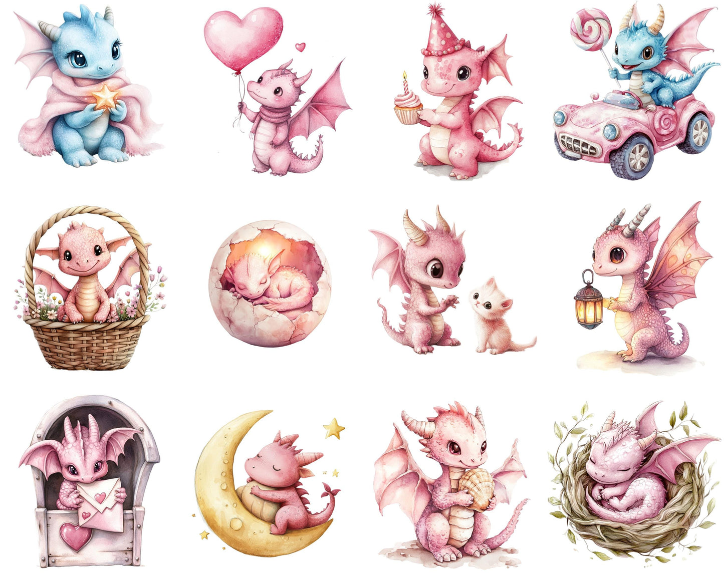 Watercolor Baby Dragon Clipart Bundle, Fairytale Graphics (Digital Download)