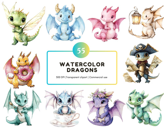 Watercolor Dragon Clipart png Bundle, Cute Dragon Clipart, Dragon Clipart png, Boys Clipart, Baby Shower Clipart, Nursery Clipart