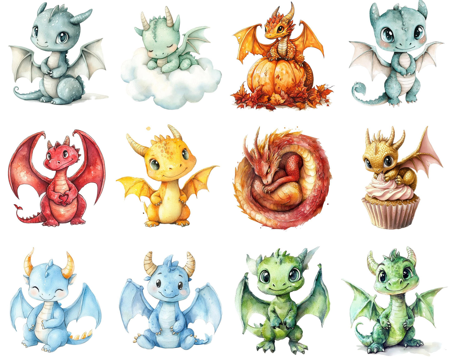 Watercolor Dragon Clipart png Bundle, Cute Dragon Clipart, Dragon Clipart png, Boys Clipart, Baby Shower Clipart, Nursery Clipart