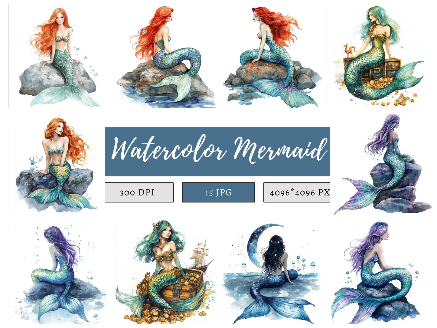 Meerjungfrauen-Clipart-Bundle (PNG), Aquarell-Meerjungfrauen-Clipart, niedliche Meerjungfrauen-Clipart, Unterwasser-Clipart, Unterwasser-Tier-Clipart