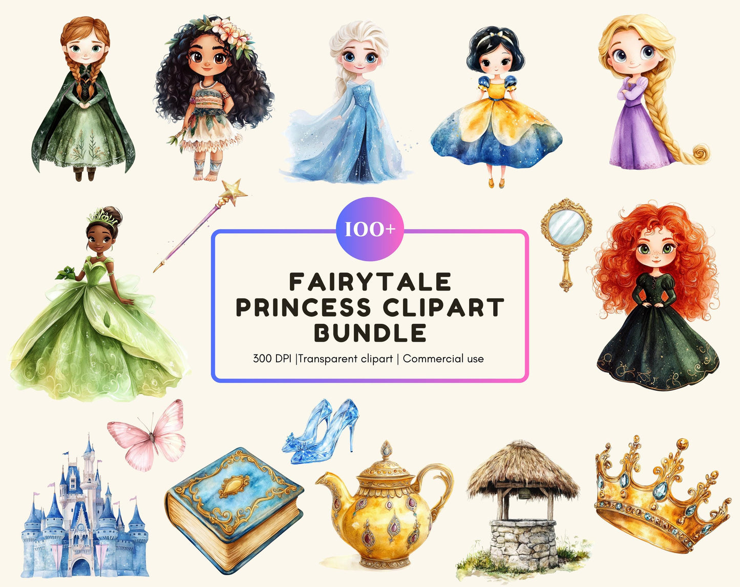 Aquarell-Prinzessinnen-Clipart-Paket, Märchenhafte Kinderzimmerkunst (Digitaler Download)